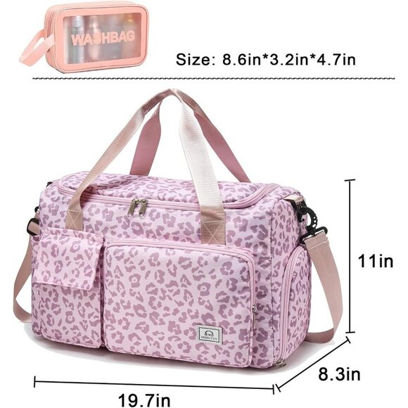 Women Pink Leaoopard Small Gym Carry On Weekender Travel Shoe Compartment Bag - Picture 2 of 6